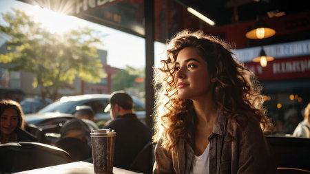 young beautiful woman with coffee in the cafeの素材