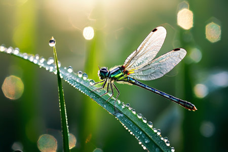 close view of dragonfly on green grassの素材