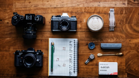 camera, notebook and pen on wooden table with copy spaceの素材