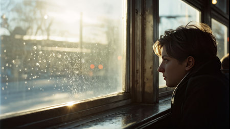 young man looking out of windowの素材