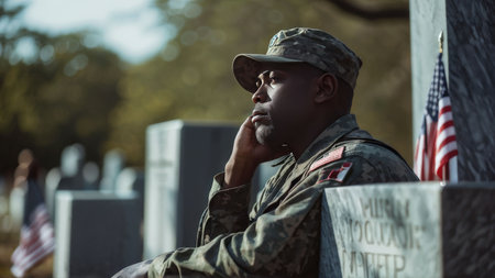 soldier sitting on grave with flagの素材