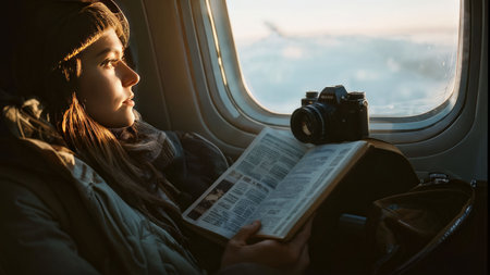 girl reading book in the airplane, original photosetの素材