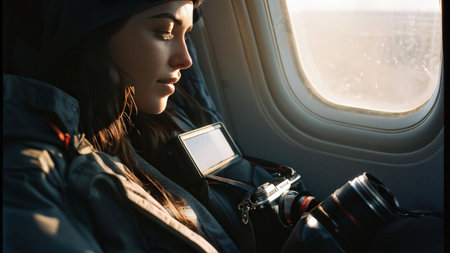 young woman with a backpack in the airportの素材