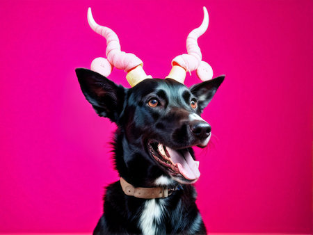 dog with horns and in halloween costume on a pink backgroundの素材