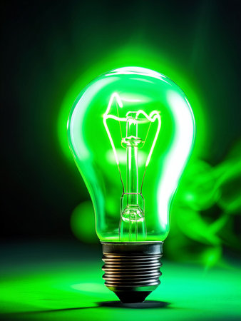 green light bulb on black backgroundの素材