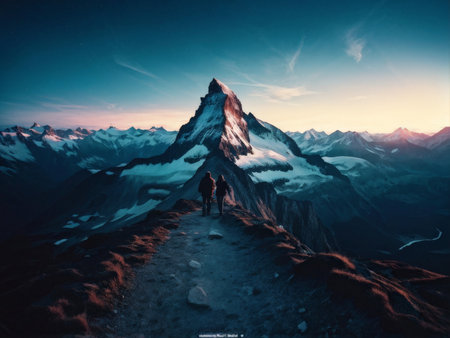 silhouette of a man and backpack on mountain peak at sunsetの素材