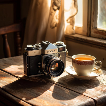 old camera on wooden tableの素材