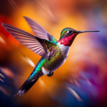 hummingbird flying in the air, colorful background, digital illustrationの素材