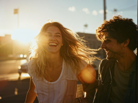 cheerful young couple laughing while having fun in the streetの素材