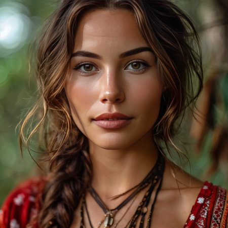 young beautiful brunette woman in a tropical forestの素材