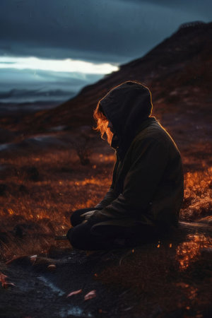 a man with burning candle on the background of mountainsの素材