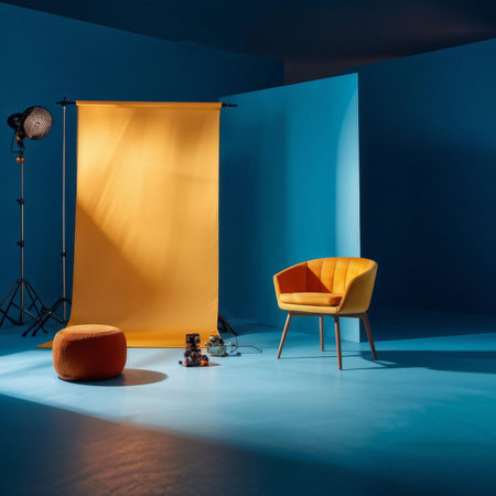 modern interior with blue chair and yellow lighting. concept of professional photographer studio. 3d renderingの素材