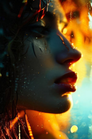 young woman with a red lips on her faceの素材