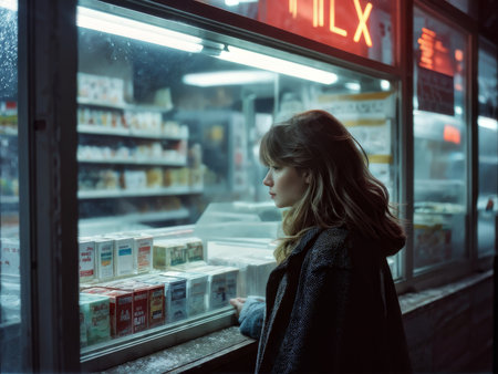 young woman in a coat with backpackの素材