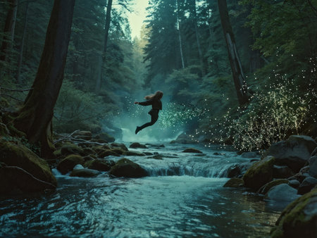 young woman jumping in the forestの素材