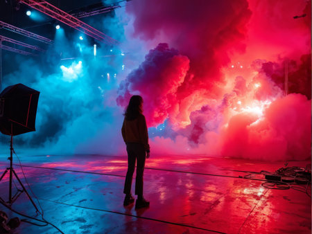 young girl with a smoke in the background of stage night clubの素材