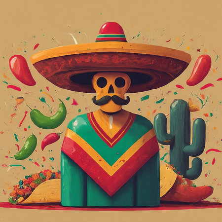 illustration of mexican sombrero with and cactusの素材