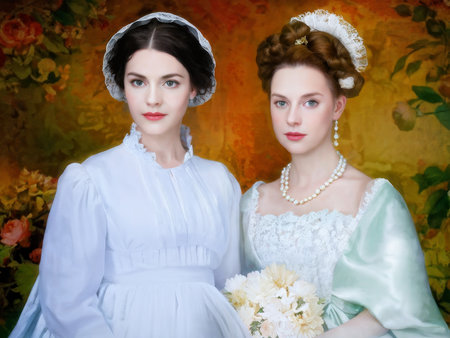 two young beautiful women in white dress with flowers and veilの素材