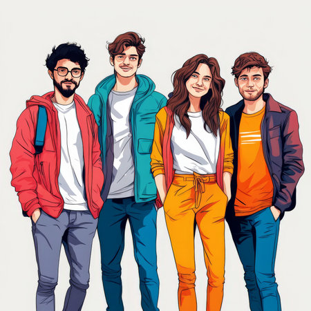 happy young friends in casual clothesの素材