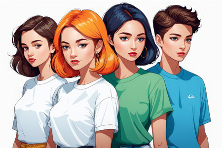 group of female friends with different poses, illustrationの素材