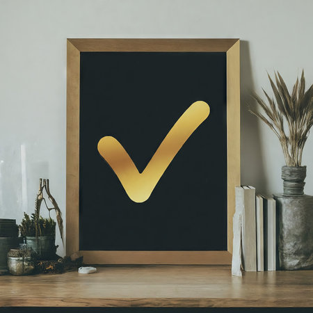 check mark on wooden table in office. business conceptの素材