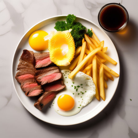 fried egg and french fries with potatoes, tomatoes, lettuce, eggs potatoes in a black plate on whiteの素材