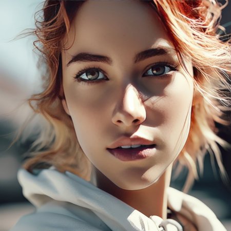 beautiful redhead woman in red jacketの素材