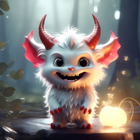 cute cartoon monster, 3d illustration of animal with big horns, red horns and happy halloween, halloween conceptの素材