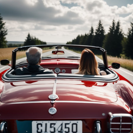 happy couple in love driving retro convertible carの素材
