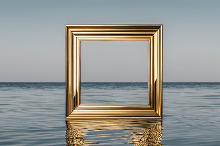 empty picture frame, 3d rendering wooden frame on the sea backgroundの素材