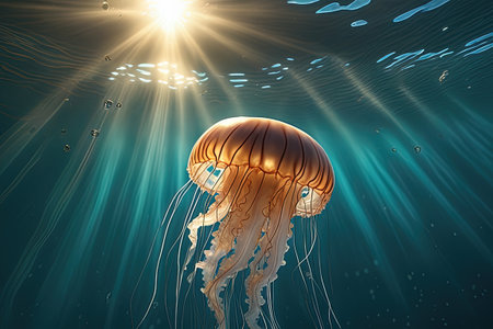 jellyfish in the water underwater view of a red and whiteの素材