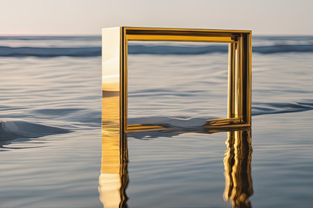 empty wooden table with reflection of water and sunset 3d rendering a modern floor golden doorの素材