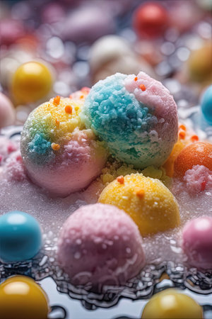 close up of a bowl delicious chocolate and colorful candy easter eggs in candiesの素材