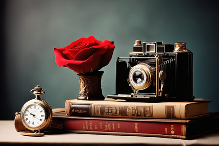 old retro photo camera and roses on the table, vintage background. still life. old retro photo cameraの素材