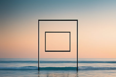 empty picture frame on the beach. empty picture frame on the beach. empty blank picture frame on a beaの素材