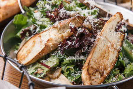 Fresh salad with toasted bread and croutons, closeup