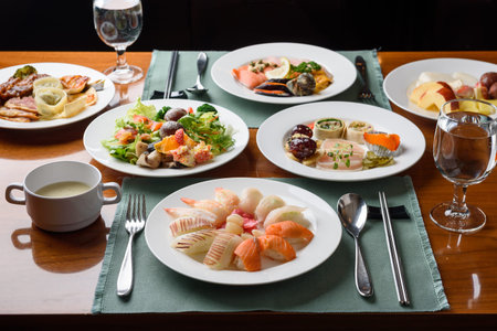 Plate of sorted seafood on a table in a restaurant, horizontal