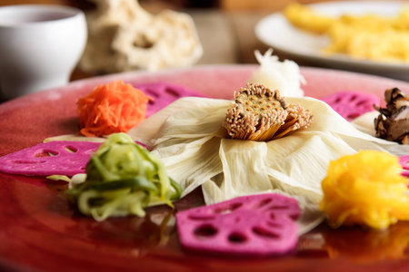 Dumplings with vegetables and meat on a plate, closeupの写真素材