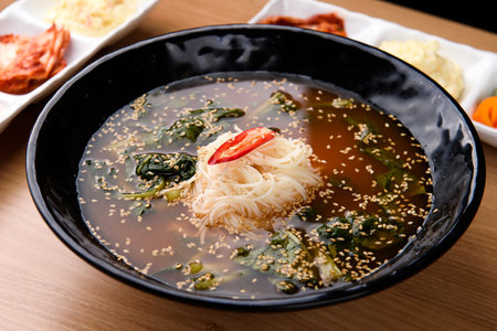 Turnip Kimchi noodles with sweet and sour brothの写真素材