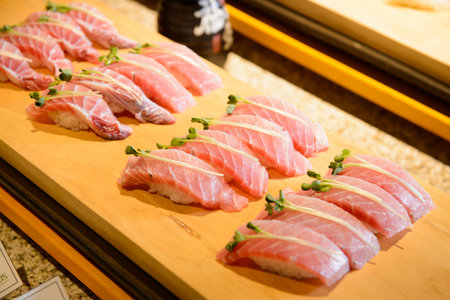 Sashimi on a wooden board, japanese food.の写真素材