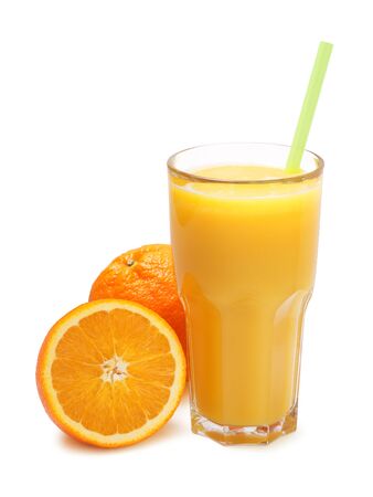 glass of freshly pressed orange juice isolatedの写真素材