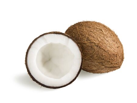 half a fresh coconut and a whole coconut fruit on a white backgroundの写真素材