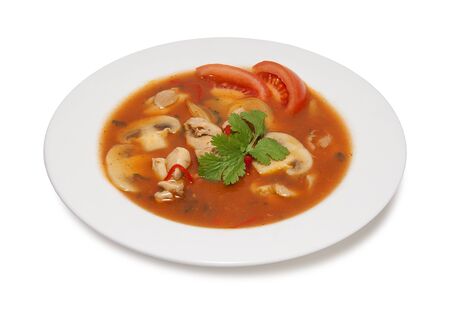 hot chicken soup with mushrooms tomatoes and bell peppers isolated on white backgroundの写真素材