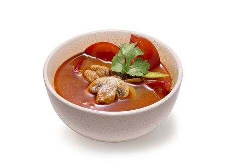 hot chicken soup with mushrooms tomatoes and bell peppers isolated on white backgroundの写真素材