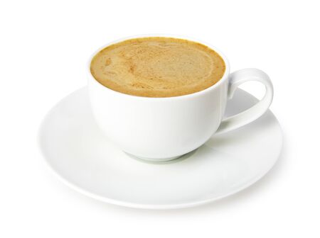 Espresso coffee in a white cup and saucer isolated on white backgroundの写真素材