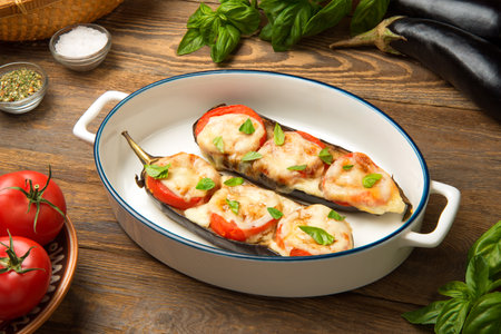 Caprese of baked eggplant tomato and mozzarella in an oval baking dish on a rustic wooden table with ingredients.の写真素材