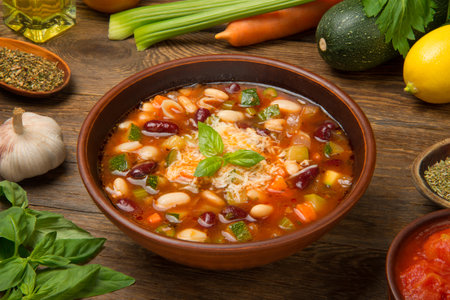 Italian minestrone soup in a brown tarracotta soup bowl on a rustic wooden table with ingredients.の写真素材
