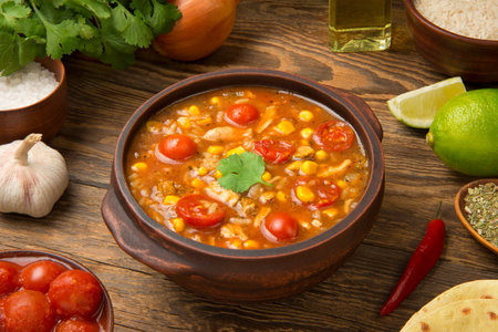 Easy Mexican chicken and rice soup in a terracotta soup bowl on a rustic wooden table with ingredients.の写真素材