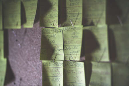 notice board with notes on the English language curriculum. The words in two languages are written on green papers. Papers are pinned to the bulletin board.の写真素材