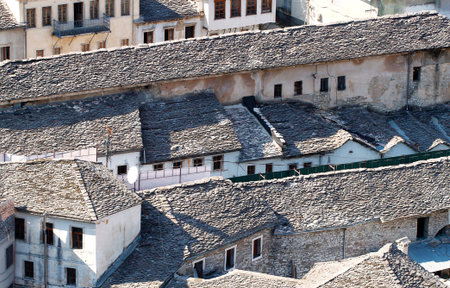 A view to the old city of Gjirokaster Albania, Europe. Famous stone roofs.の写真素材